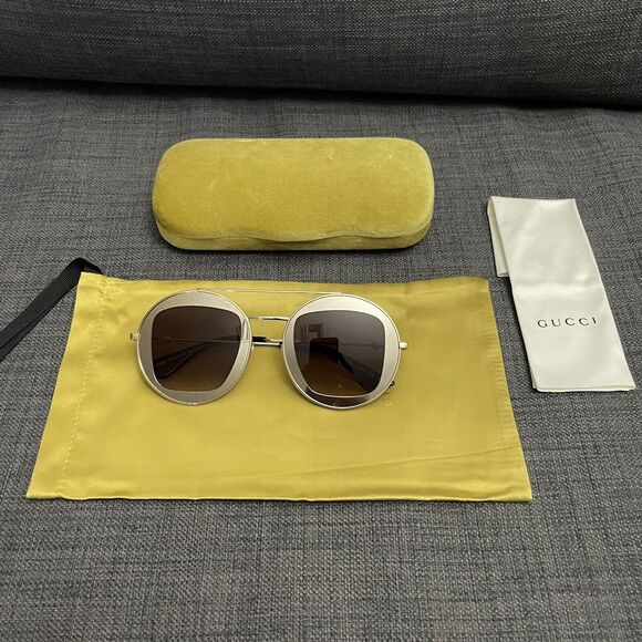 NWT Gucci Round Frame Sylvie Web Sunglasses GG0105S Gold - Picture 2 of 9